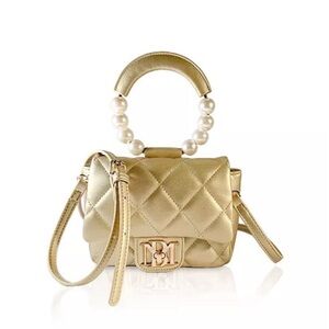 NWT Badgley Mischka Mini Flap Quilted Clutch Bag with Pearl Handle Metallic Gold